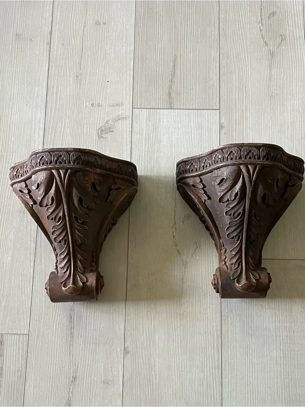 Ornate Brown Carved Wall Brackets / shelf, A Pair